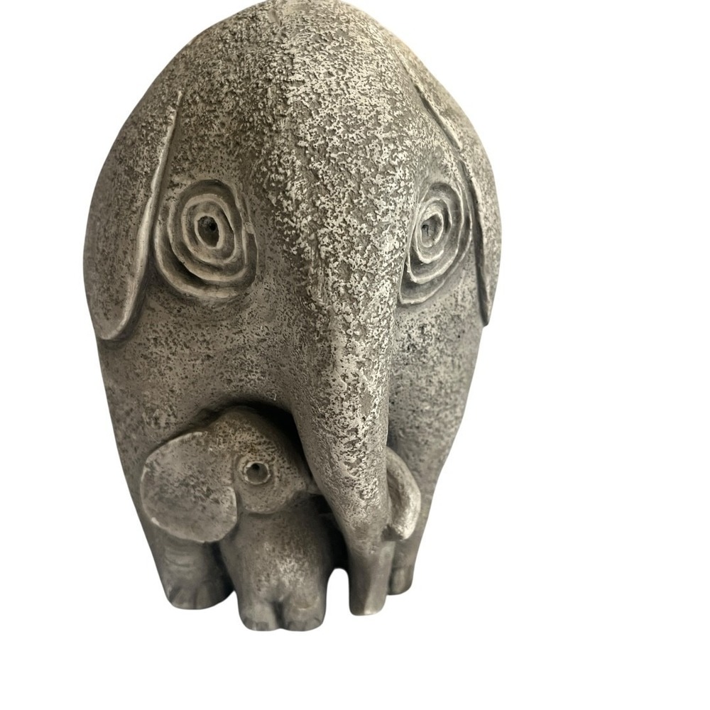 Brutalist‎ Elephant Mother and Baby Figurine Gray Textured Stone Look Sculpture